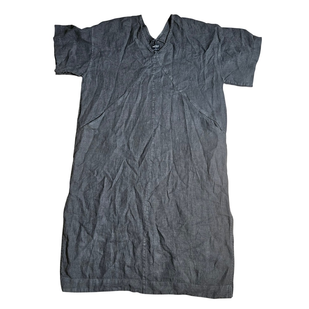Esby Alice 100% Linen V-Neck Shift Kaftan Midi Dress S Lagenlook Staple USA